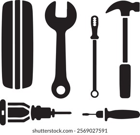 A set of simple, flat design silhouette icons of automobile spare parts on a white background