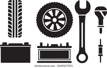 A set of simple, flat design silhouette icons of automobile spare parts on a white background