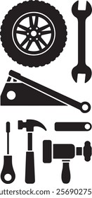 A set of simple, flat design silhouette icons of automobile spare parts on a white background