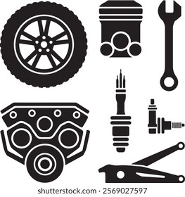 A set of simple, flat design silhouette icons of automobile spare parts on a white background