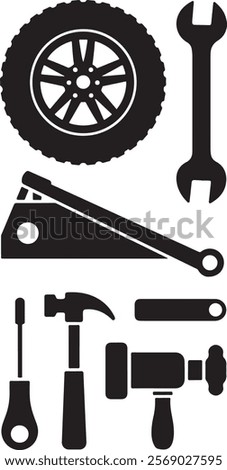 A set of simple, flat design silhouette icons of automobile spare parts on a white background