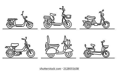 Set of simple flat design vector images of simple scooters and mopeds drawn in art line style.