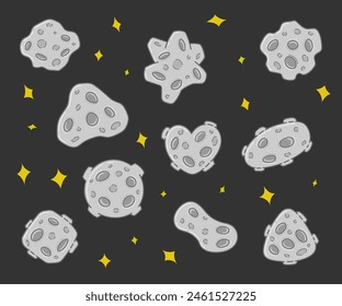 Set Simple Flat Doodle Asteroid Vector Design Clipart Element Collection.