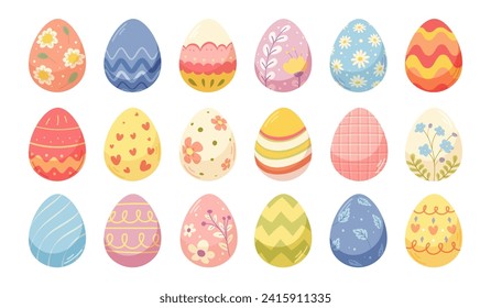Set of simple flat Easter eggs with different patterns. Vector elements in cartoon style for holiday