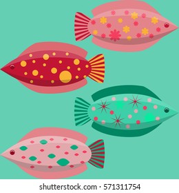 Set of the simple flat fishes decorated by patterns. Vector illustration EPS10