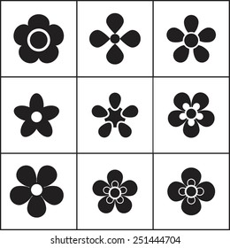 Set of simple flat flower icons. Vector illustration,  silhouettes of four-petalled and pentapetalous flowers