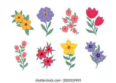 set of simple flat flower illustration design, various colorful flower collection
