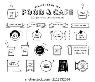 A set of simple, flat frame and decorative illustrations that can be used for advertising cafes and restaurants.
There are illustrations of coffee, cake, bread, signs, etc.