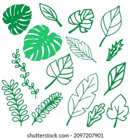 Set of simple flat green leaves on white background, isolate on white