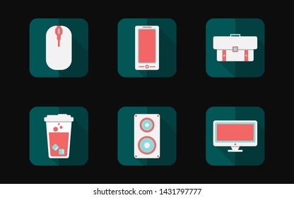 Set simple flat icon of free time concept. To consist of Computer mouse, Smart phone, Bag, Coffee cup, Loudspeaker, LCD TV. Use "Living Coral color" as a design. 512x512 Pixel Perfect. Editable vector