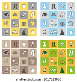 
Set of simple flat icons of women’s clothing items, shoes and accessories in colored square shapes isolated on gray, yellow, blue, green backgrounds. For design on the topic of fashion, style.