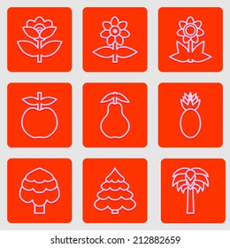 Set of simple flat icons flowers, trees and fruits. Trendy colorful design. Vector illustration.