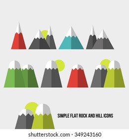 Set simple flat icons hills and mountains with the setting sun. Modern and desired style illustration for an interesting infographics and environmental issues.