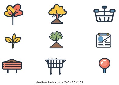 Set of simple flat icons of trees, shopping cart, shopping basket