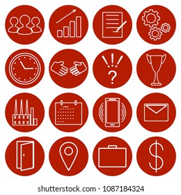 Set of simple flat icons. white outline on a red round background.