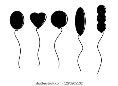 set of simple flat images of balloons of different shapes