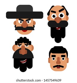 Set of simple flat images of men faces with beards and mustache. Avatars for websites and accounts. Icons barbershops and barbershop. Vector illustration