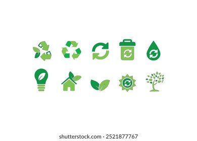 Definir ícone simples de linhas planas relacionado à ecologia. Conjunto De Ícones De Vetor Ecológico Simbolizando Práticas Ecologicamente Corretas, Sustentabilidade, Energia Renovável E Conservação. Conjunto de ícones de ecologia.