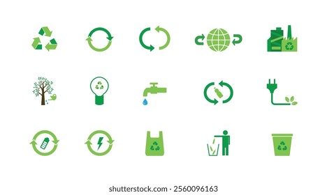 Set simple flat lines icon related of ecology. Set Of Green Ecology Vector Icons Symbolizing Eco-friendly Practices, Sustainability, Renewable Energy And Conservation. Ecology icons set. Recycle icon