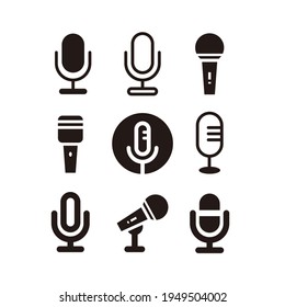 Set of Simple Flat Microphone Icon Illustration Design, Various Silhouette Mic Symbol Collection Template Vector
