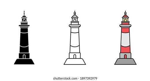 Set of simple flat minimalism lighthouses in three variations. Vector illustration