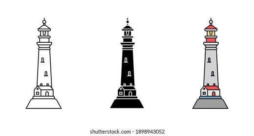 Set of simple flat minimalism lighthouses in three variations. Vector illustration