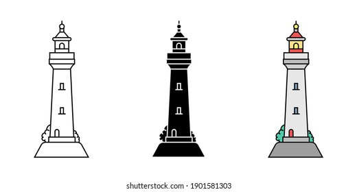 Conjunto de simples faros de minimalismo plano en tres variaciones. Ilustración del vector