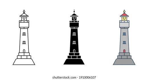 Set of simple flat minimalism lighthouses in three variations. Vector illustration