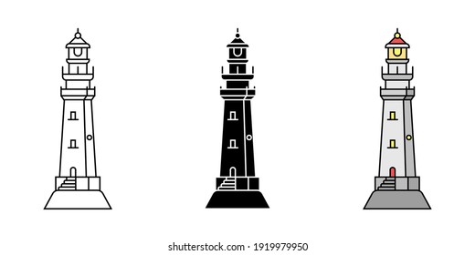 Set of simple flat minimalism lighthouses in three variations. Vector illustration