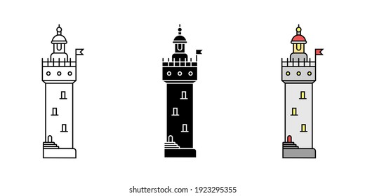 Set of simple flat minimalism lighthouses in three variations. Vector illustration