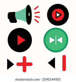 Set of simple, flat multimedia icons, including play, stop, next, previous, and volume.