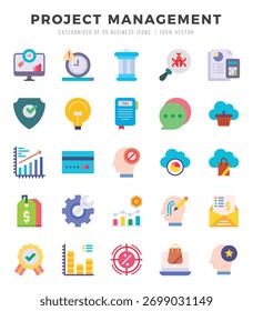 Conjunto de ícones simples de gerenciamento de projeto plano. Pacote de ícones de arte plana. Ilustração vetorial.