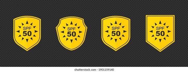 Set of simple flat SPF sun protection icons for sunscreen packaging. UV protection for skin. Icons for sunscreen products or other skin cosmetics. Vector on isolated background. EPS 10