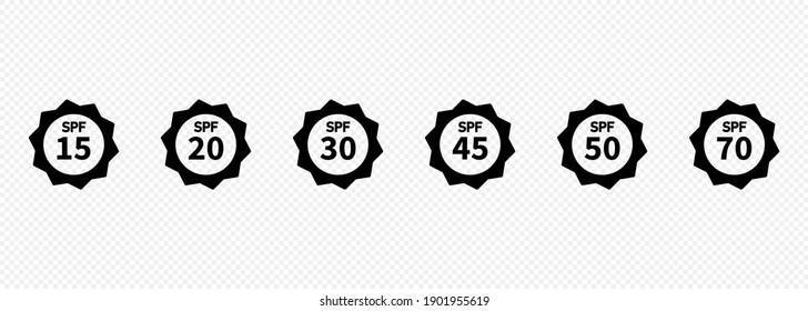 Set of simple flat SPF sun protection icons for sunscreen packaging. UV protection for skin. Icons for sunscreen products or other skin cosmetics. Vector on isolated transparent background. EPS 10