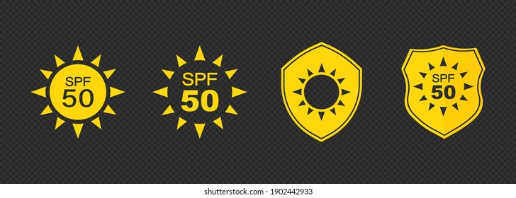 Set of simple flat SPF sun protection icons for sunscreen packaging. UV protection for skin. Icons for sunscreen products or other skin cosmetics. Vector on isolated background. EPS 10
