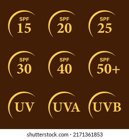A set of simple flat SPF sun protection badges for sunscreen packaging. Protection of the skin from ultraviolet radiation. Badges for sunscreens or other skin cosmetics.