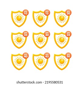 Set of simple flat SPF sun protection. UV protection. Vector stock illustration.