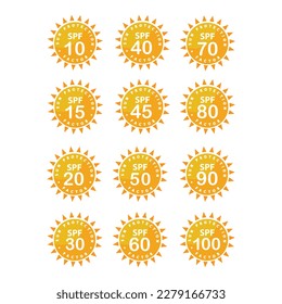 Set of simple flat SPF sun protection icons for sunscreen packaging. 