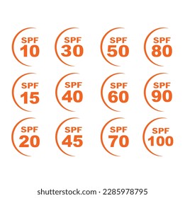Set of simple flat SPF sun protection icons for sunscreen packaging.