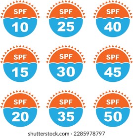 Set of simple flat SPF sun protection icons for sunscreen packaging.