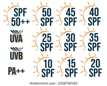 Set of simple flat spf sun, Icons for sunscreen products or other skin cosmetics, Vector illustration