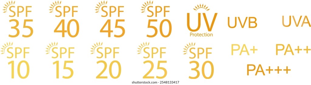 conjunto de ícones de proteção solar simples planas SPF projetados para embalagens de protetor solar, destacando a proteção da pele UV. Ilustração vetorial.