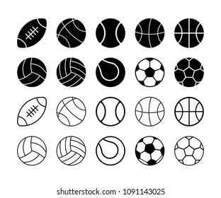 Set of simple flat sports balls in solid and outline. 