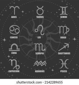 Set of simple and flat style astrological signs. Horoscope, astrology, star signs concept. Vector illustration.