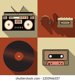 Set of simple flat style icons with long shadow from old retro vintage hipster electronics engineering, music audio recorder, player, cassette, vinyl record. Vector illustration.