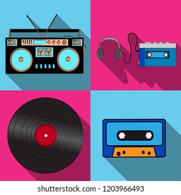 Set of simple flat style icons with long shadow from old retro vintage hipster electronics engineering, music audio recorder, player, cassette, vinyl record. Vector illustration.