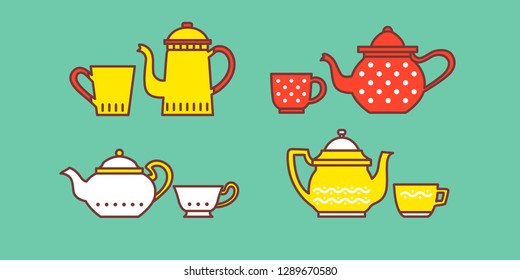 set of simple flat tea sets. Colored teapots and cups