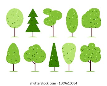 Set of simple flat textured trees от white background. Abstract stylized plant silhouette icons. Vector illustration. 