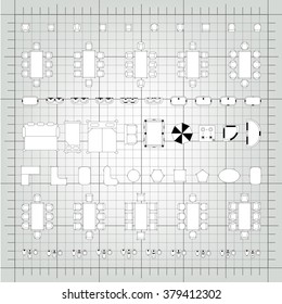 Set of simple flat vector furniture icons on blueprint technical grid background