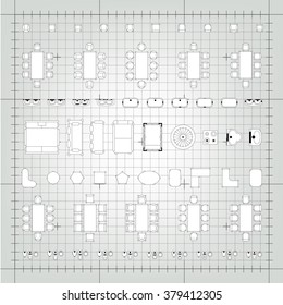 Set of simple flat vector furniture icons on blueprint technical grid background